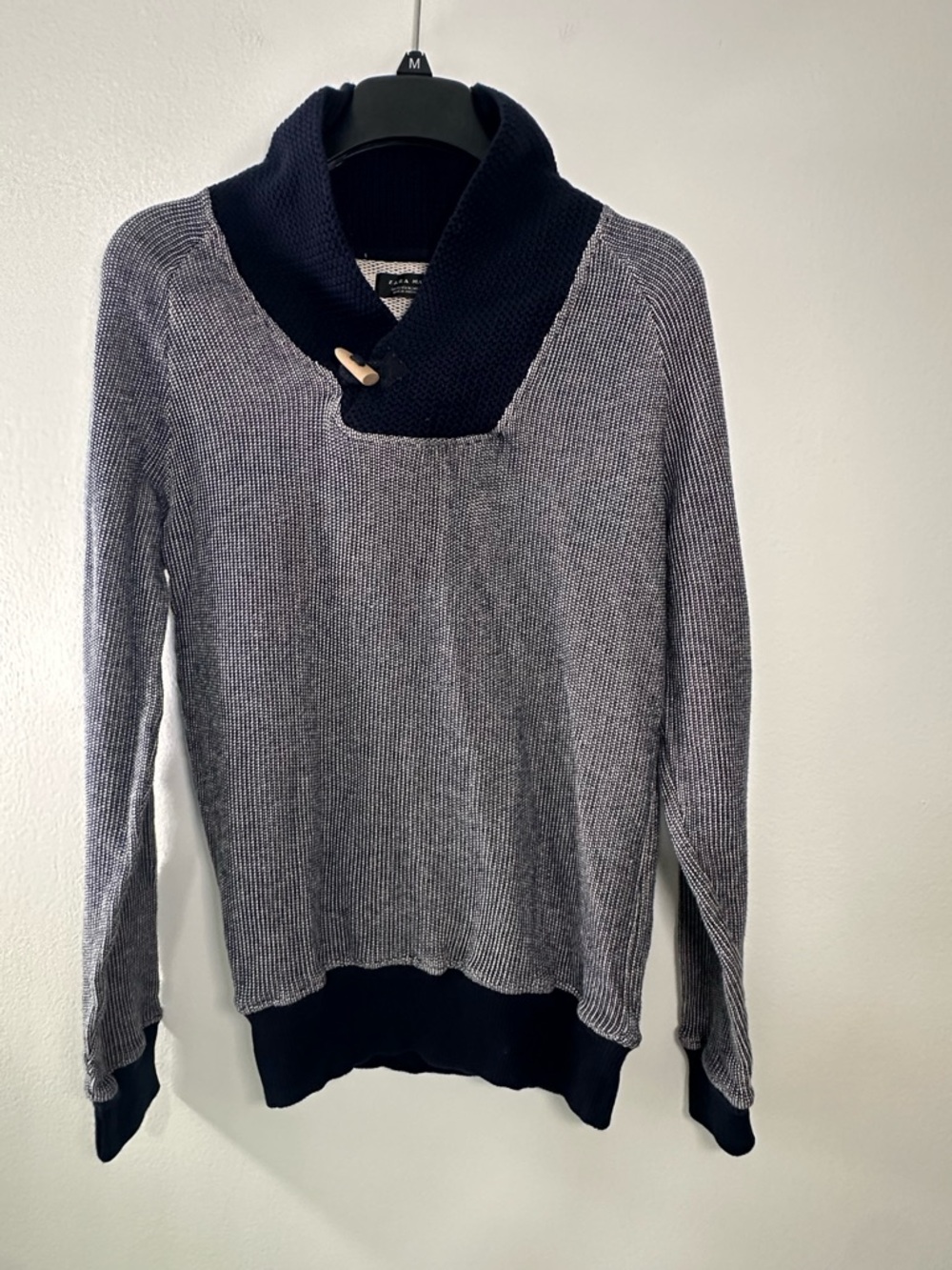 Zara Man Shawl Collar Knit Sweater Gray Navy Cotton Size M Portugal